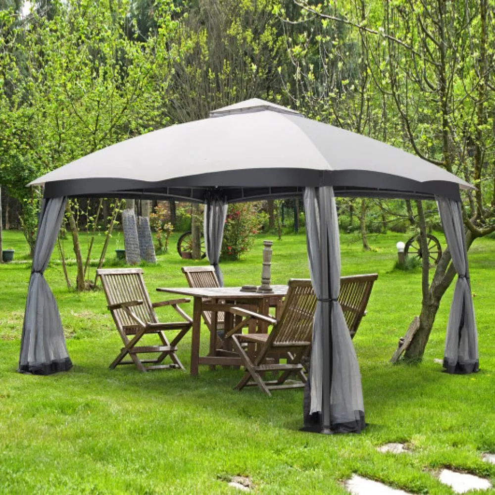 10 x 12 Feet Patio Double-Vent Canopy with Privacy Netting and 4 Sandbags-Gray