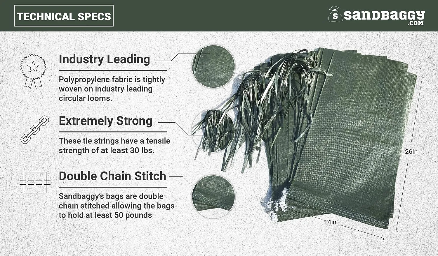 14" x 26" Empty Green Sandbags with Tie Strings - UV Resistant (50 lb Capacity)