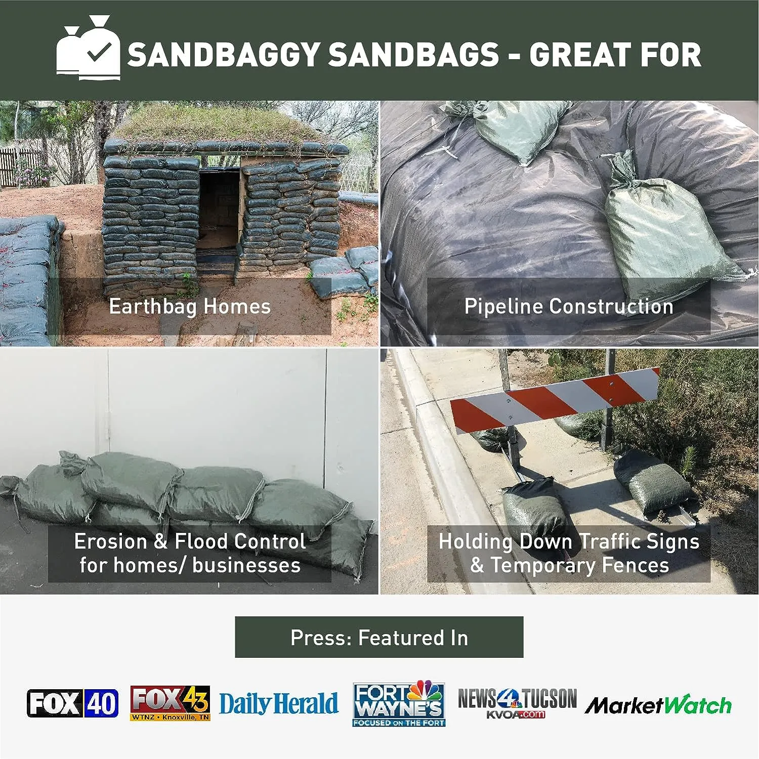 14" x 26" Empty Green Sandbags with Tie Strings - UV Resistant (50 lb Capacity)