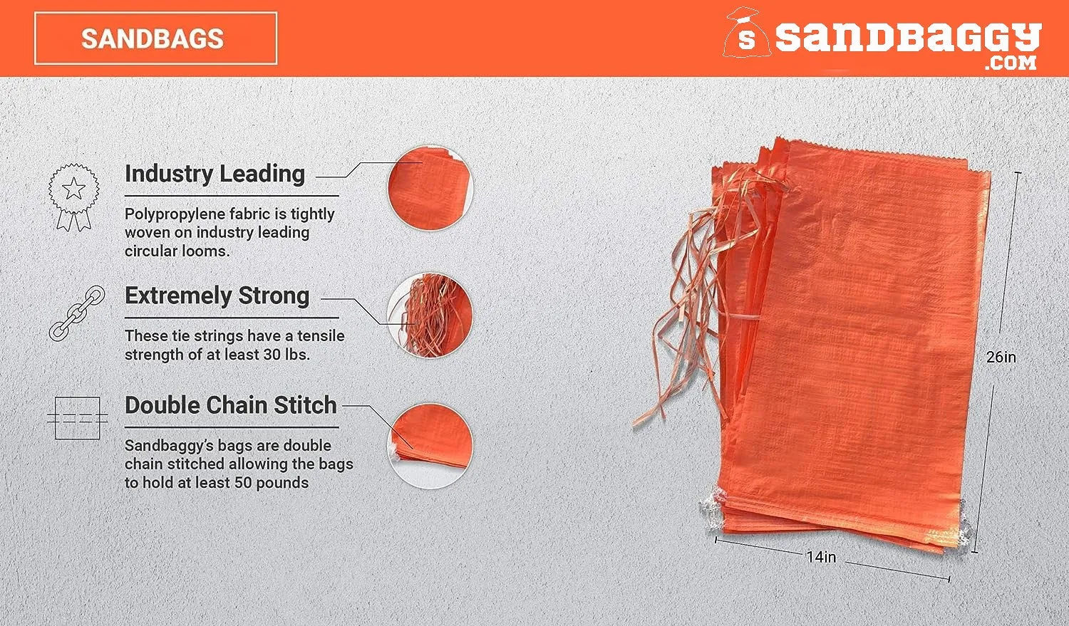 14" x 26" Empty Orange Sandbags with Tie Strings - UV Resistant (50 lb Capacity)