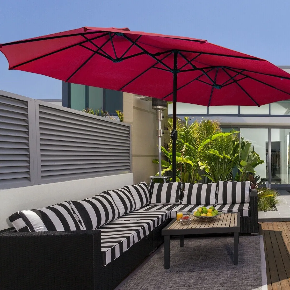 15 Ft. Extra Large Patio Double Sided Umbrella with Crank and Base - Burgundy