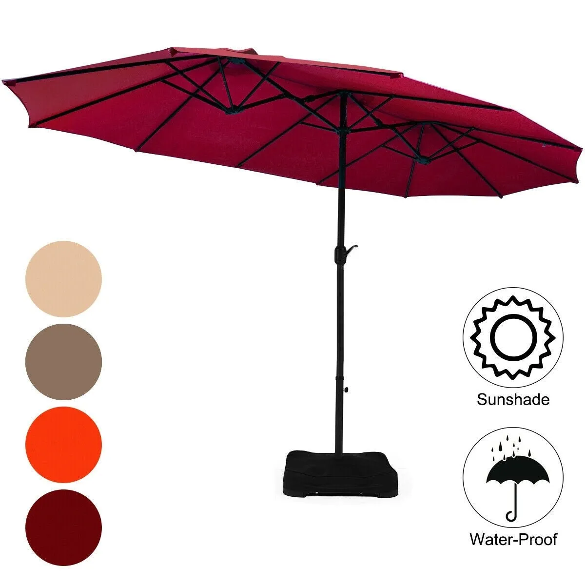 15 Ft. Extra Large Patio Double Sided Umbrella with Crank and Base - Burgundy