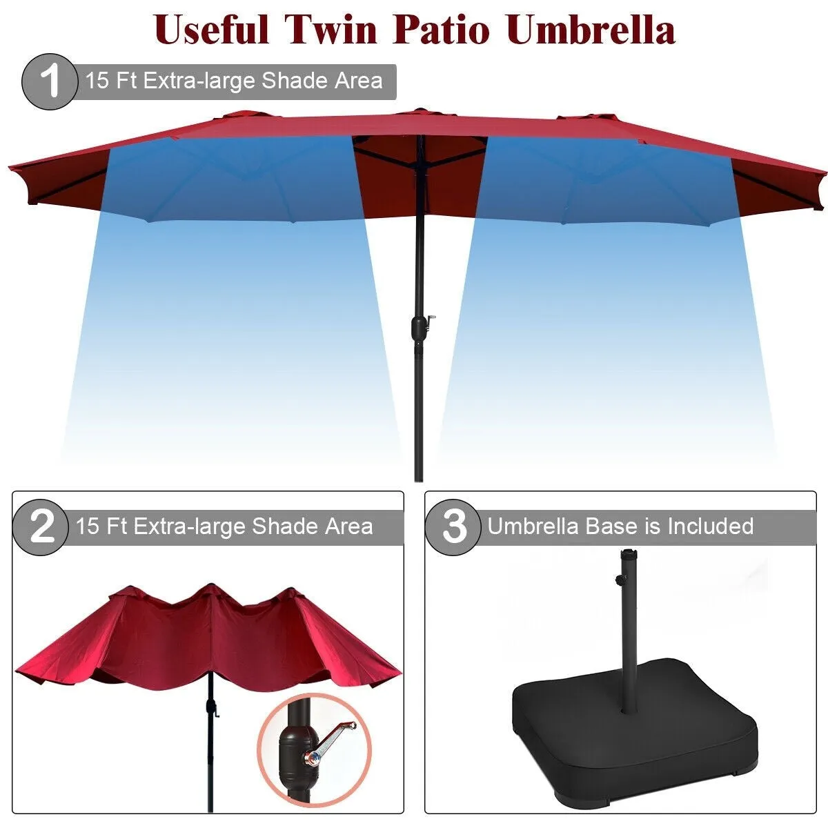 15 Ft. Extra Large Patio Double Sided Umbrella with Crank and Base - Burgundy