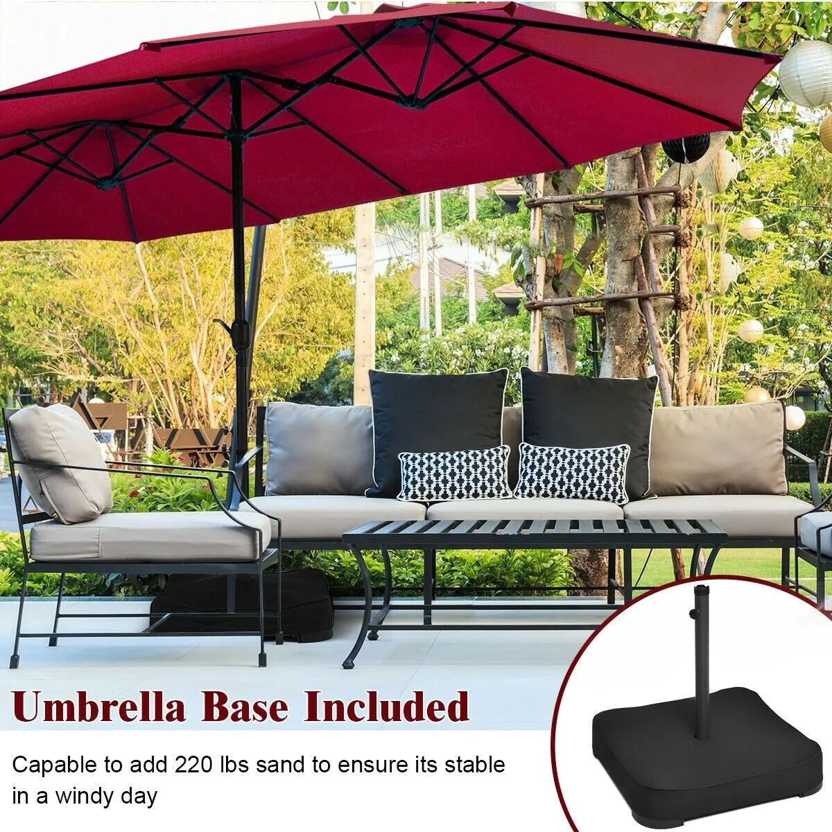 15 Ft. Extra Large Patio Double Sided Umbrella with Crank and Base - Burgundy