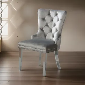 24 Inch Dining Side Chair Set of 2, Tufted Silver Gray Fabric, Chrome legs By Casagear Home