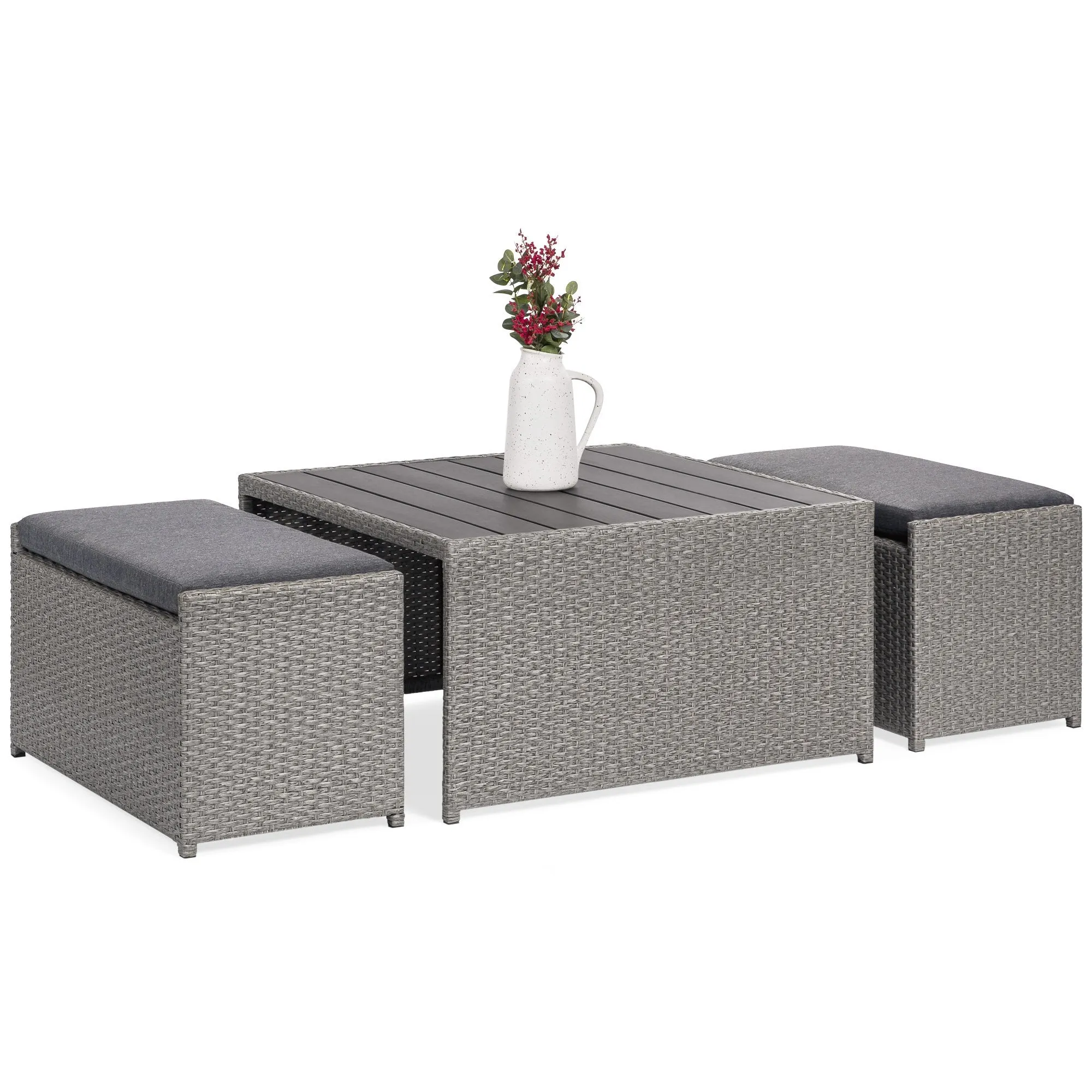 3-Piece Outdoor Wicker Coffee Table Conversation Set w/ Ottoman Benches