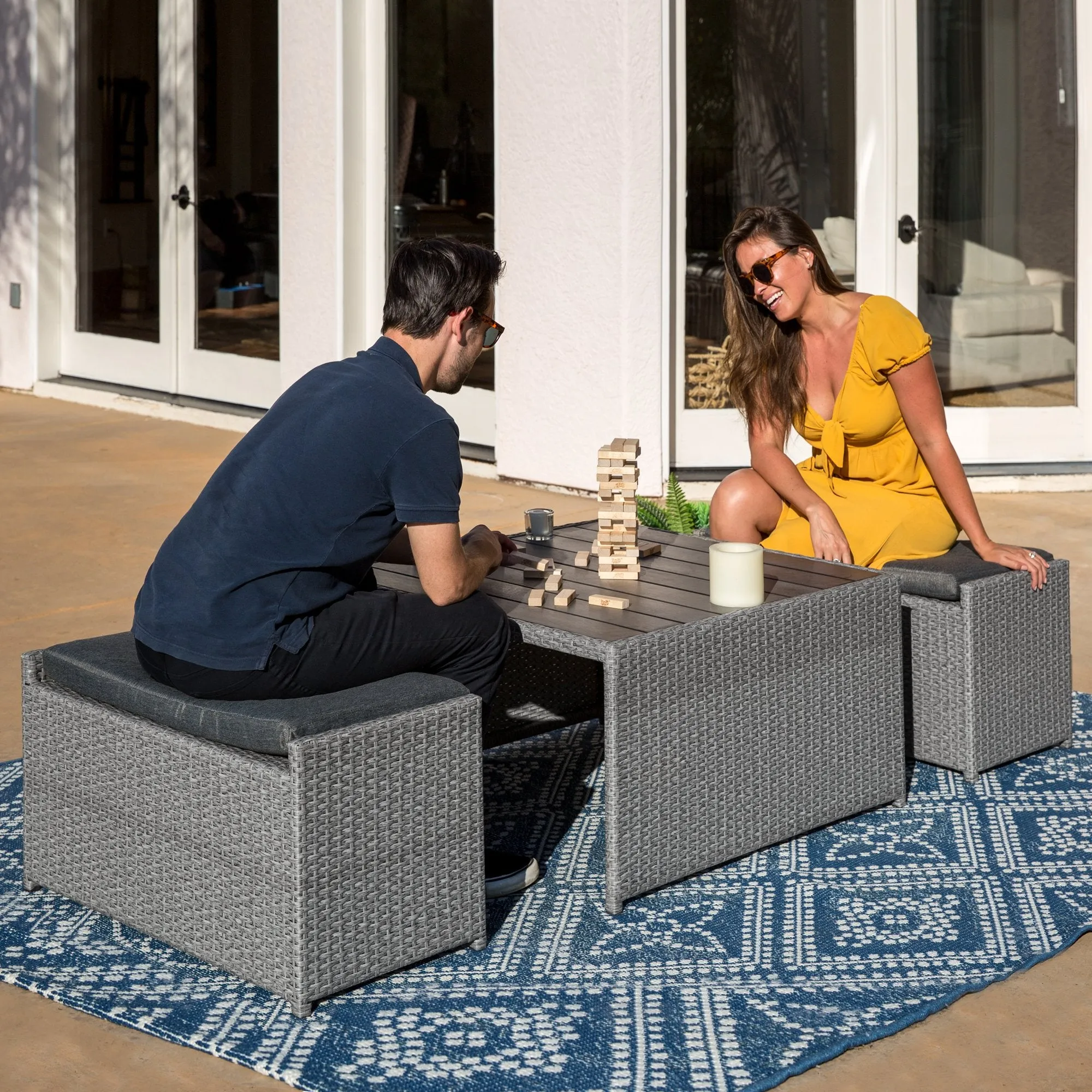 3-Piece Outdoor Wicker Coffee Table Conversation Set w/ Ottoman Benches