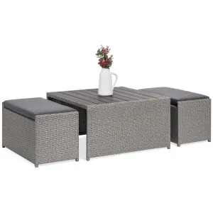 3-Piece Outdoor Wicker Coffee Table Conversation Set w/ Ottoman Benches