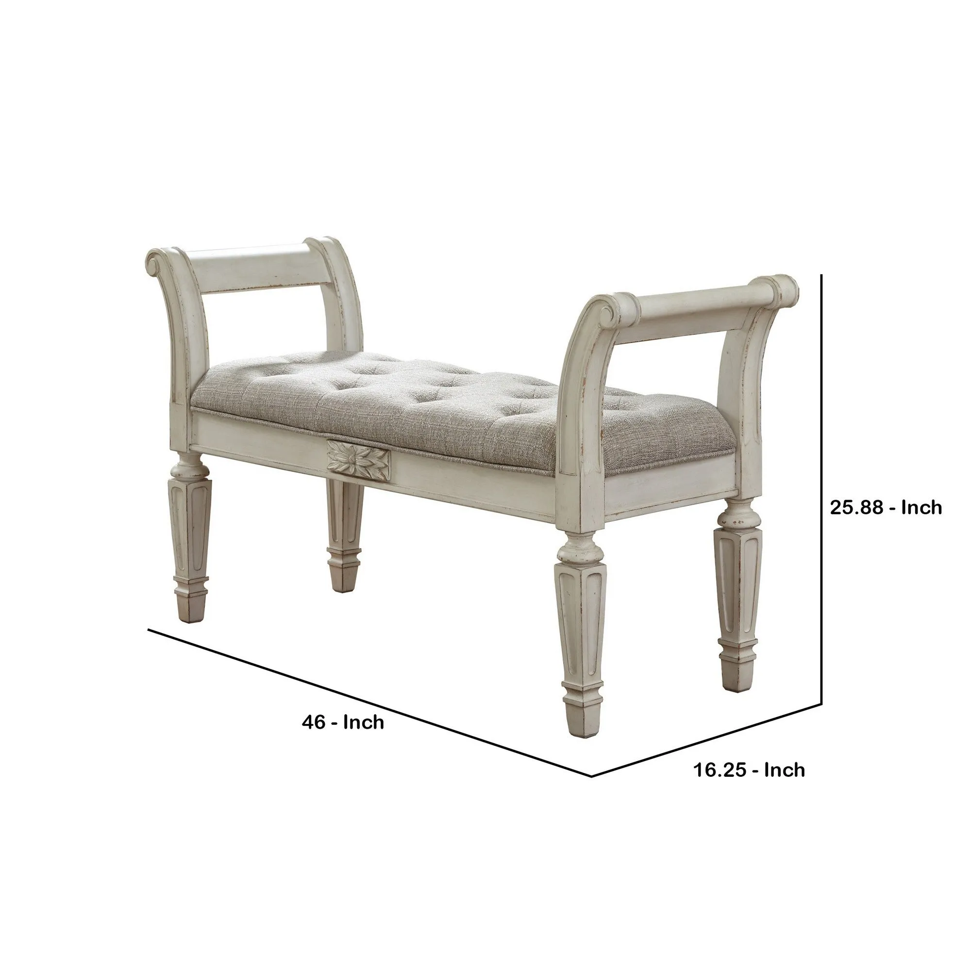 46" Tufted Fabric Padded Wooden Accent Bench, Antique White By Casagear Home