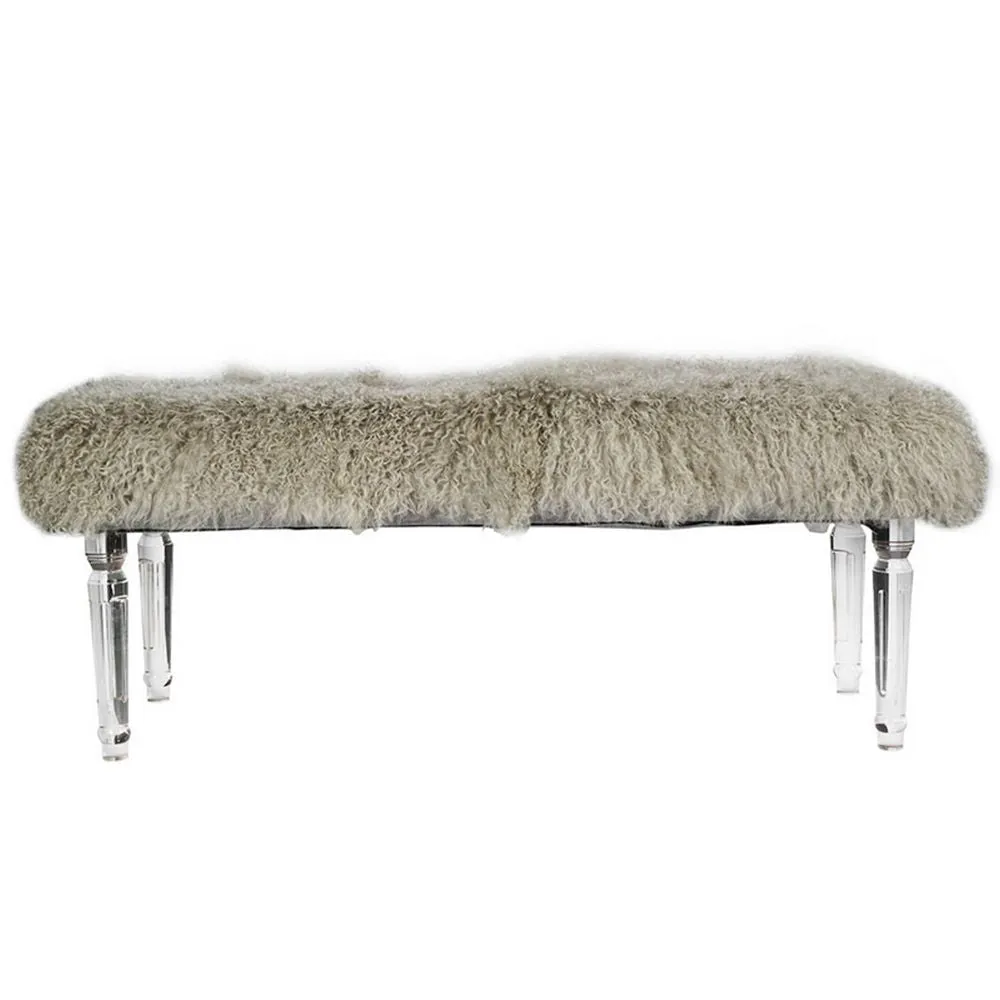 49 Inch Accent Bench, Faux Fur Seat, Clear Acrylic Legs, Smooth Rich Brown By Casagear Home