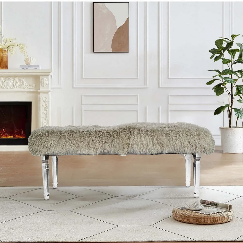 49 Inch Accent Bench, Faux Fur Seat, Clear Acrylic Legs, Smooth Rich Brown By Casagear Home