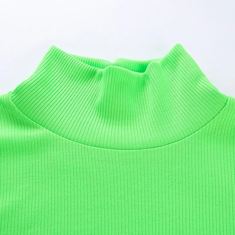 Autumn Winter turtleneck long sleeve neon green t-shirts knitted neon top tee shirt basic Top