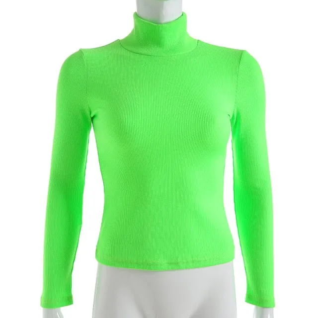 Autumn Winter turtleneck long sleeve neon green t-shirts knitted neon top tee shirt basic Top