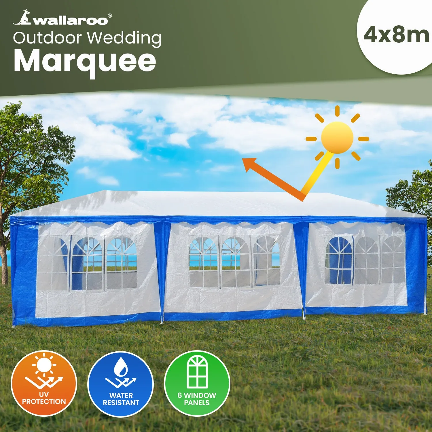 Blue 4x8m PE UV Tent with Windows & Doors - Wallaroo