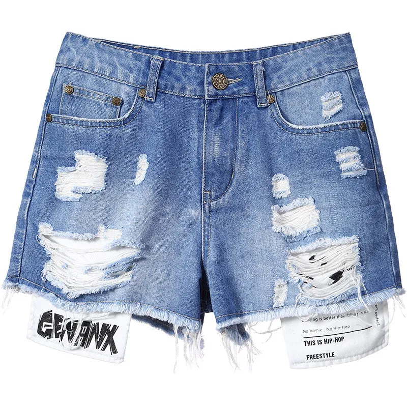 Blue Hip Hop Ripped Straight Denim Shorts