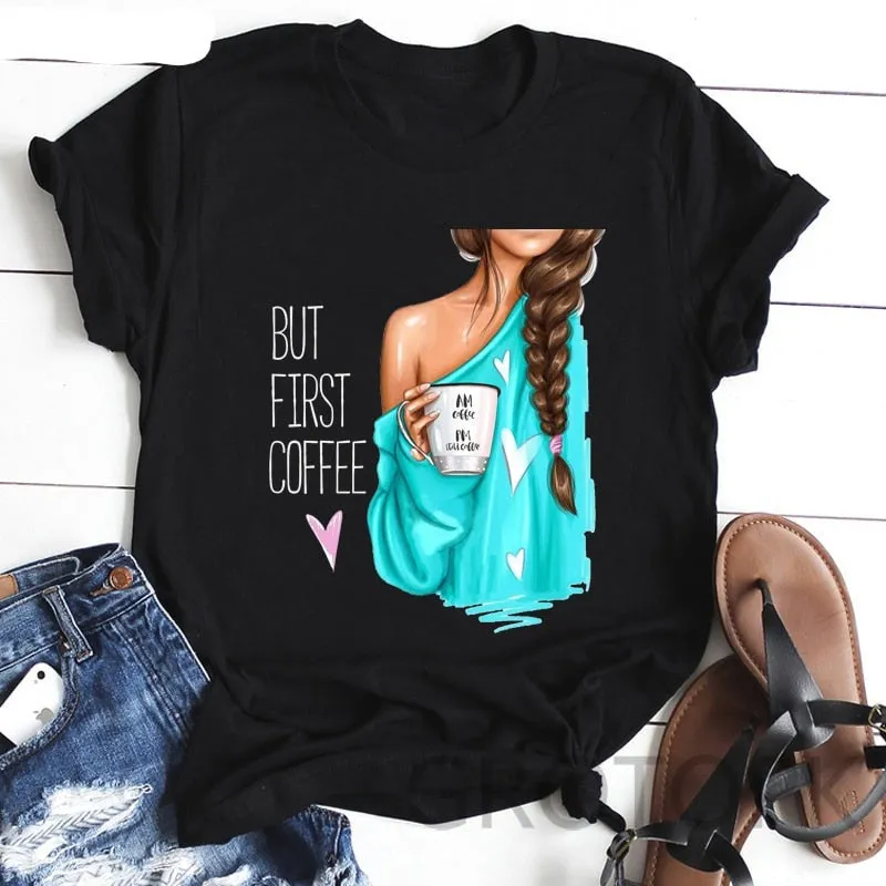 BUT FIRST COFFEE Women's T-shirt New Arrival Funny T Shirts Streetwear Polyester Tee Shirt Plus Size Woman Clothes