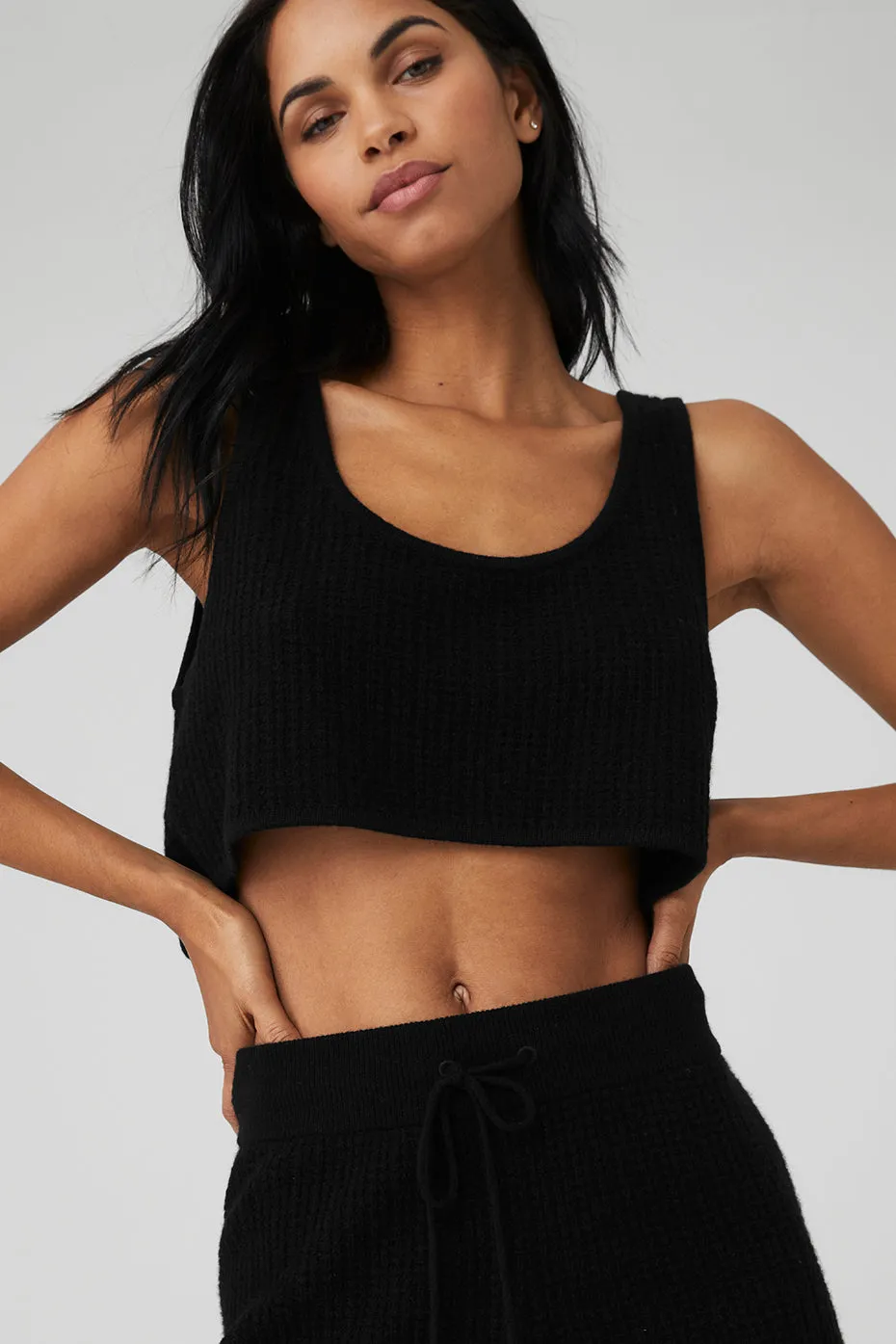 Cashmere Plush Waffle Cropped Tank - Black