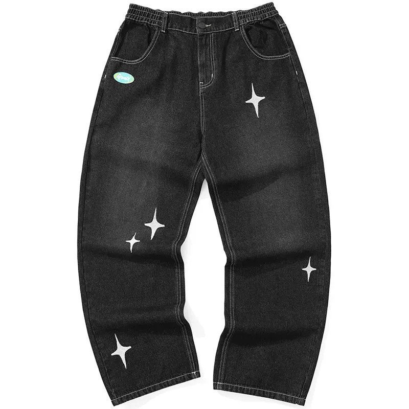 Dark Gray Star Print Mid-Waist Straight Jeans