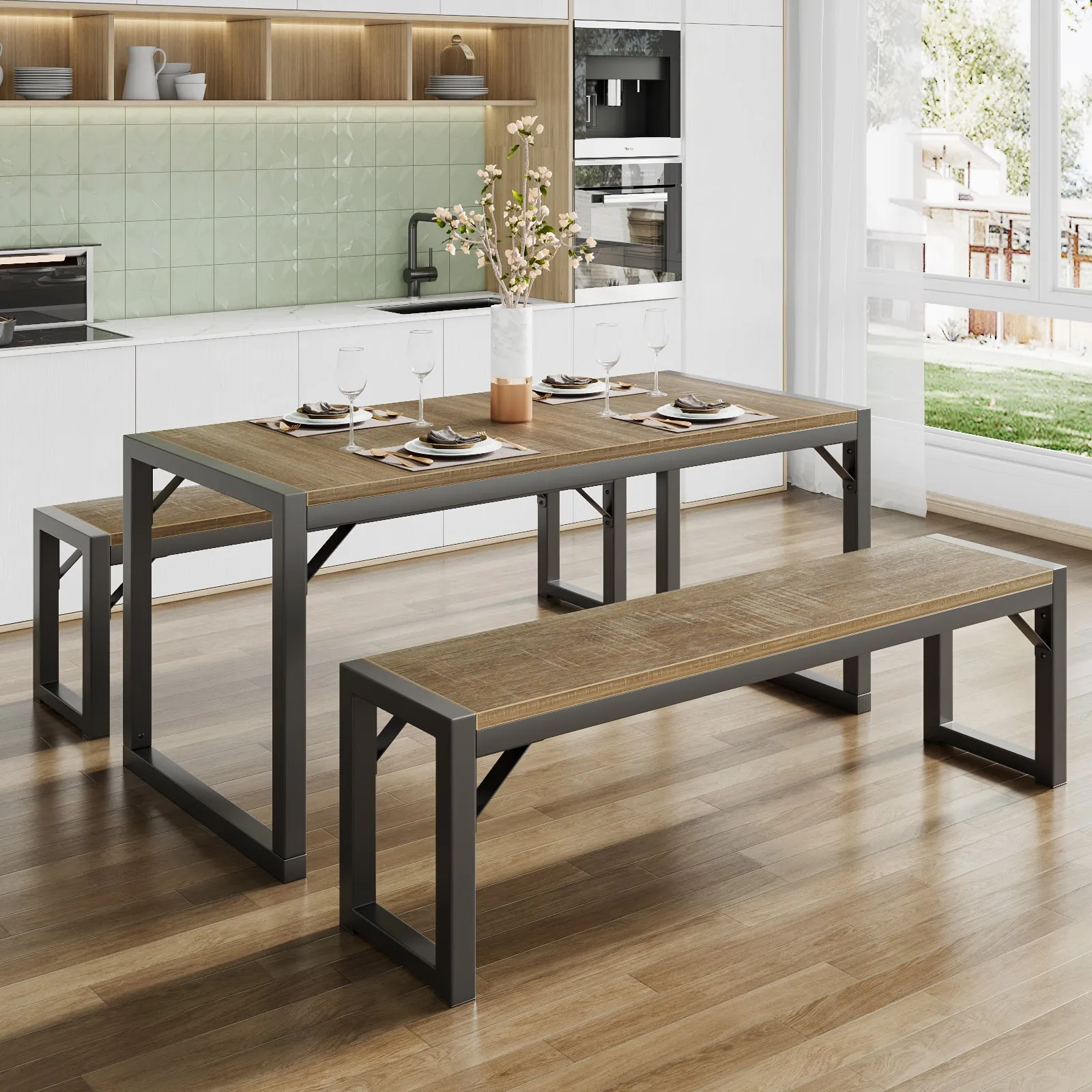 Dining Table Set with 2 Benches