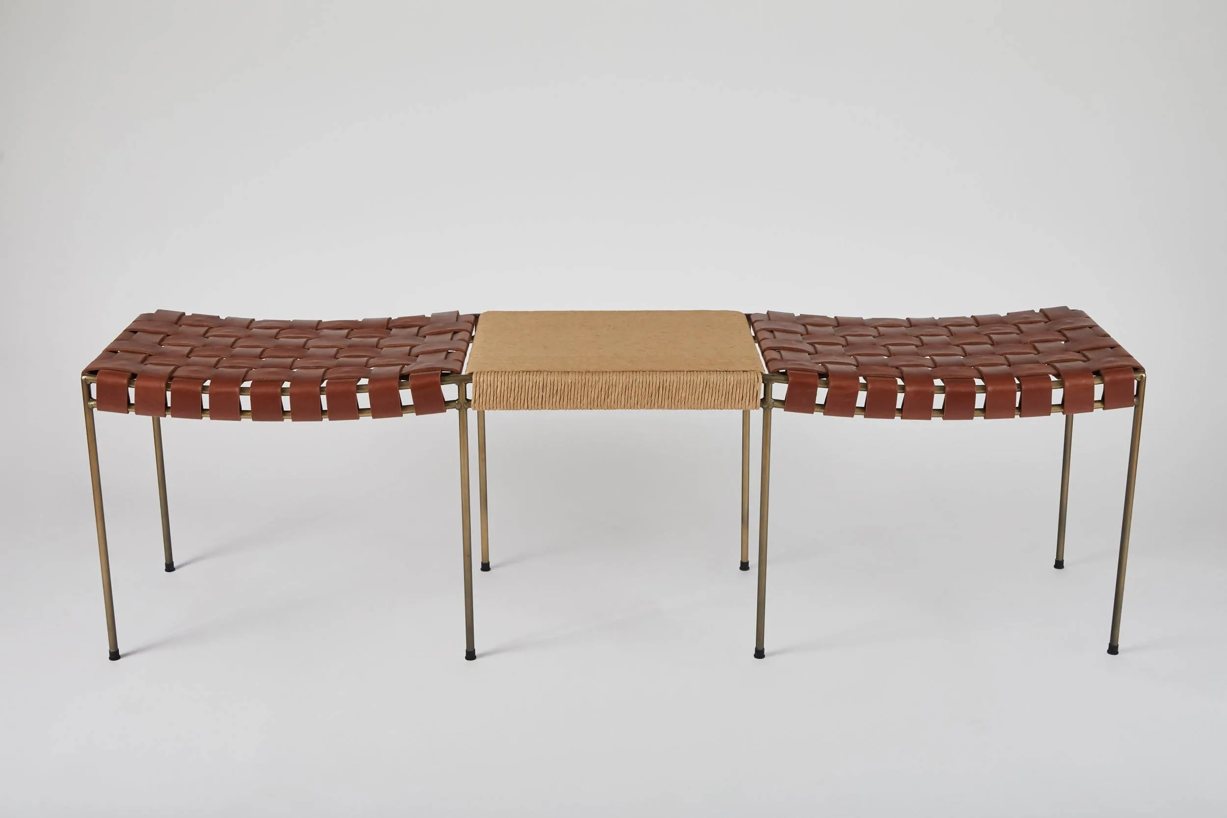 Double Rail Woven Leather Bench with Rush Table