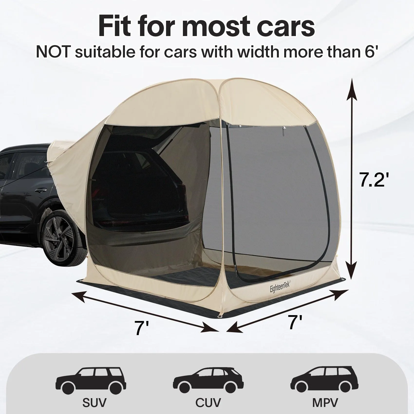 EighteenTek 2-IN-1 Pop Up SUV Tent Instant Camping Screen Tent For Hatchback & Station Wagon