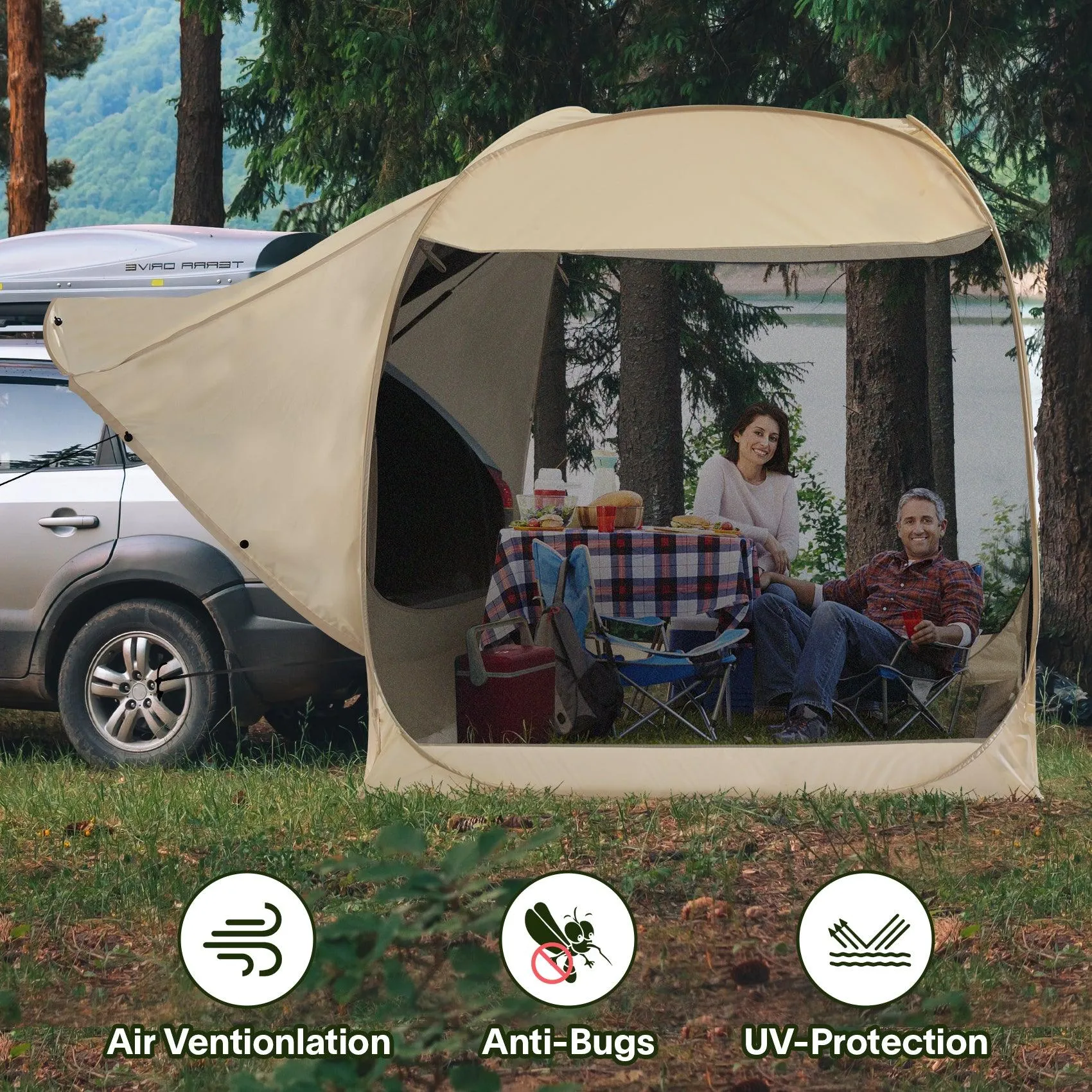 EighteenTek 2-IN-1 Pop Up SUV Tent Instant Camping Screen Tent For Hatchback & Station Wagon