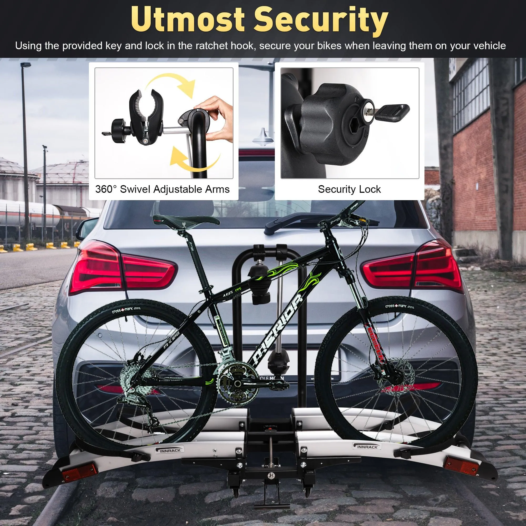 Foldable Hitch Bike Rack for 2 Bikes - 132 lbs Capacity, 360° Adjustable Arms, Smart Tilting, Fits 3.9'' Width Tires, SUV & Truck, 2" Receiver