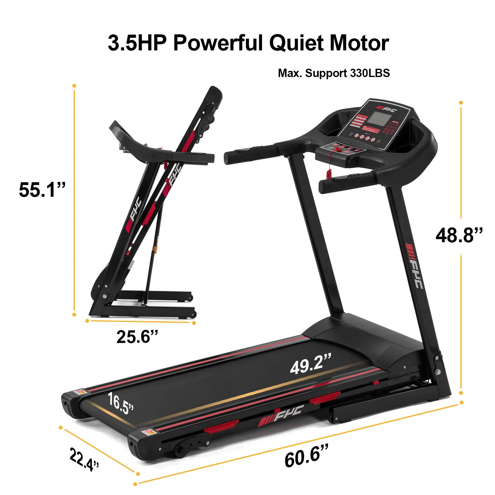 FYC Folding Treadmill for Home - 330 LBS Weight Capacity Running Machine with Incline/Bluetooth;  3.5HP 16KM/H Max Speed Foldable Electric Treadmill Easily Assembly;  Home Gym Workout Exercise