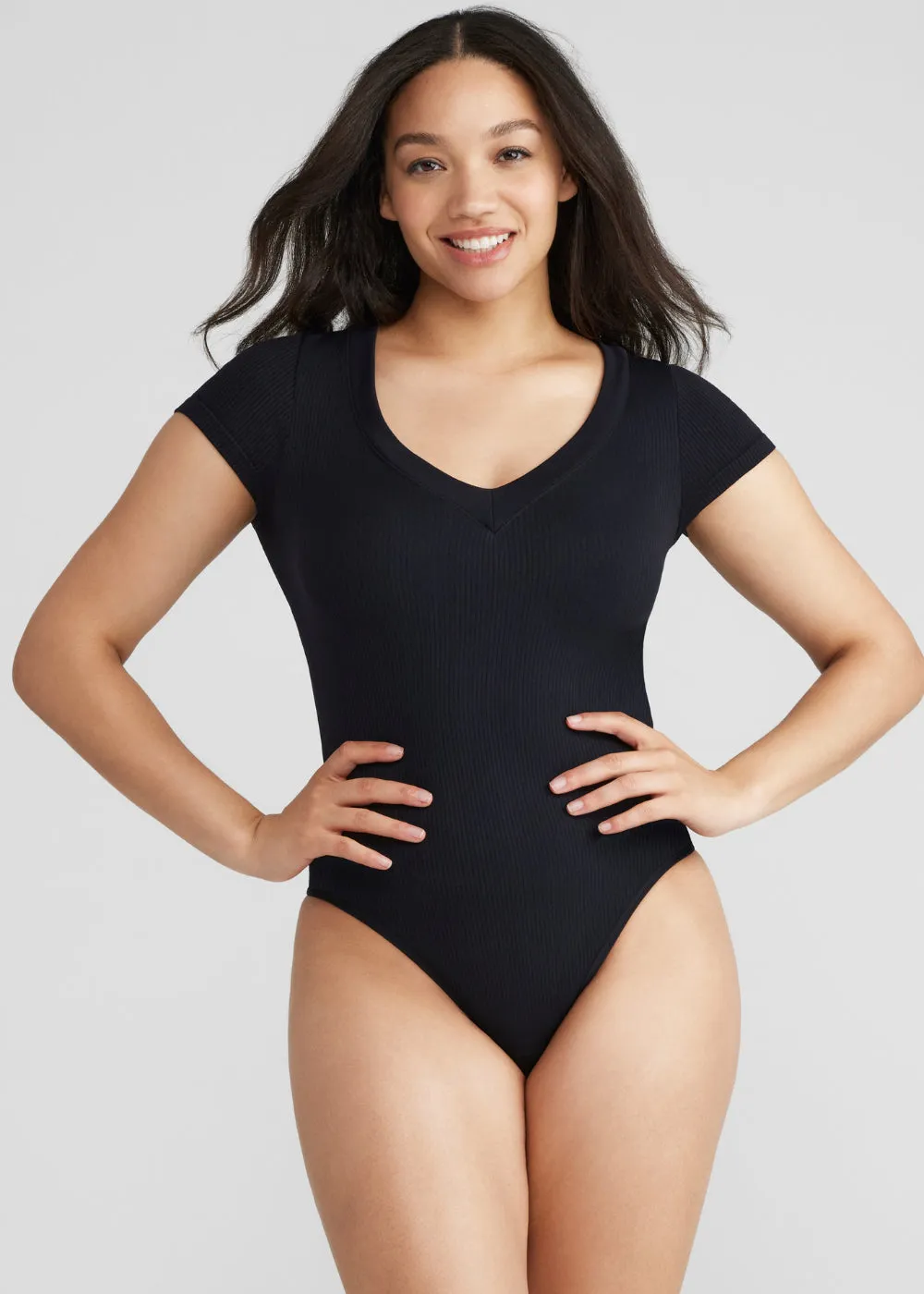 Hailey V-Neck Thong Bodysuit - Rib Seamless