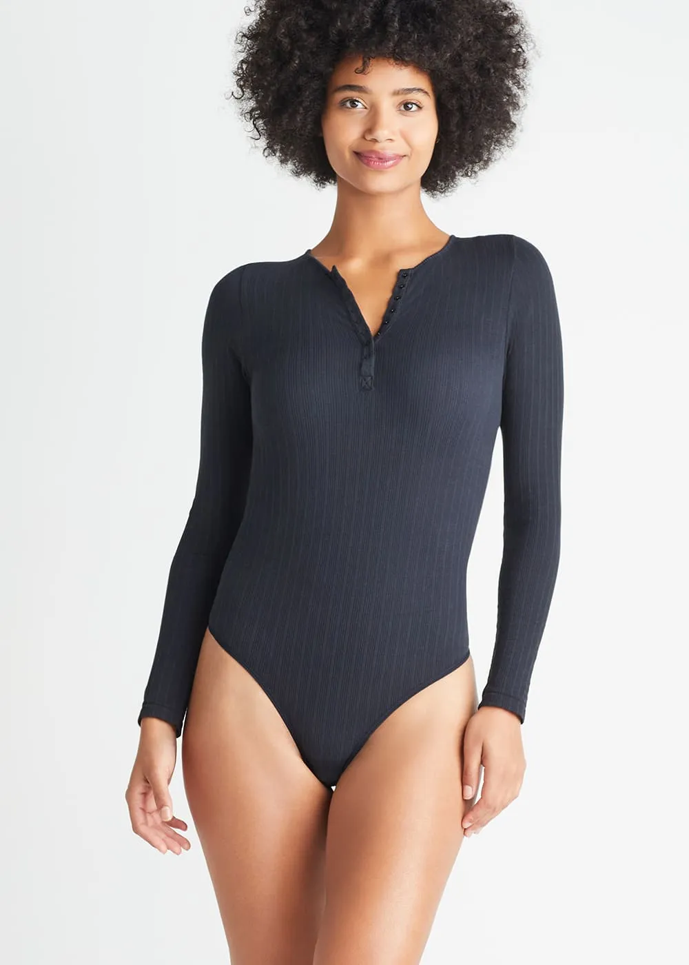 Katrina Henley Long Sleeve Thong Bodysuit - Cotton Rib Seamless