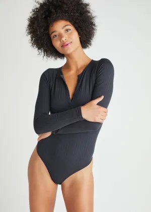 Katrina Henley Long Sleeve Thong Bodysuit - Cotton Rib Seamless