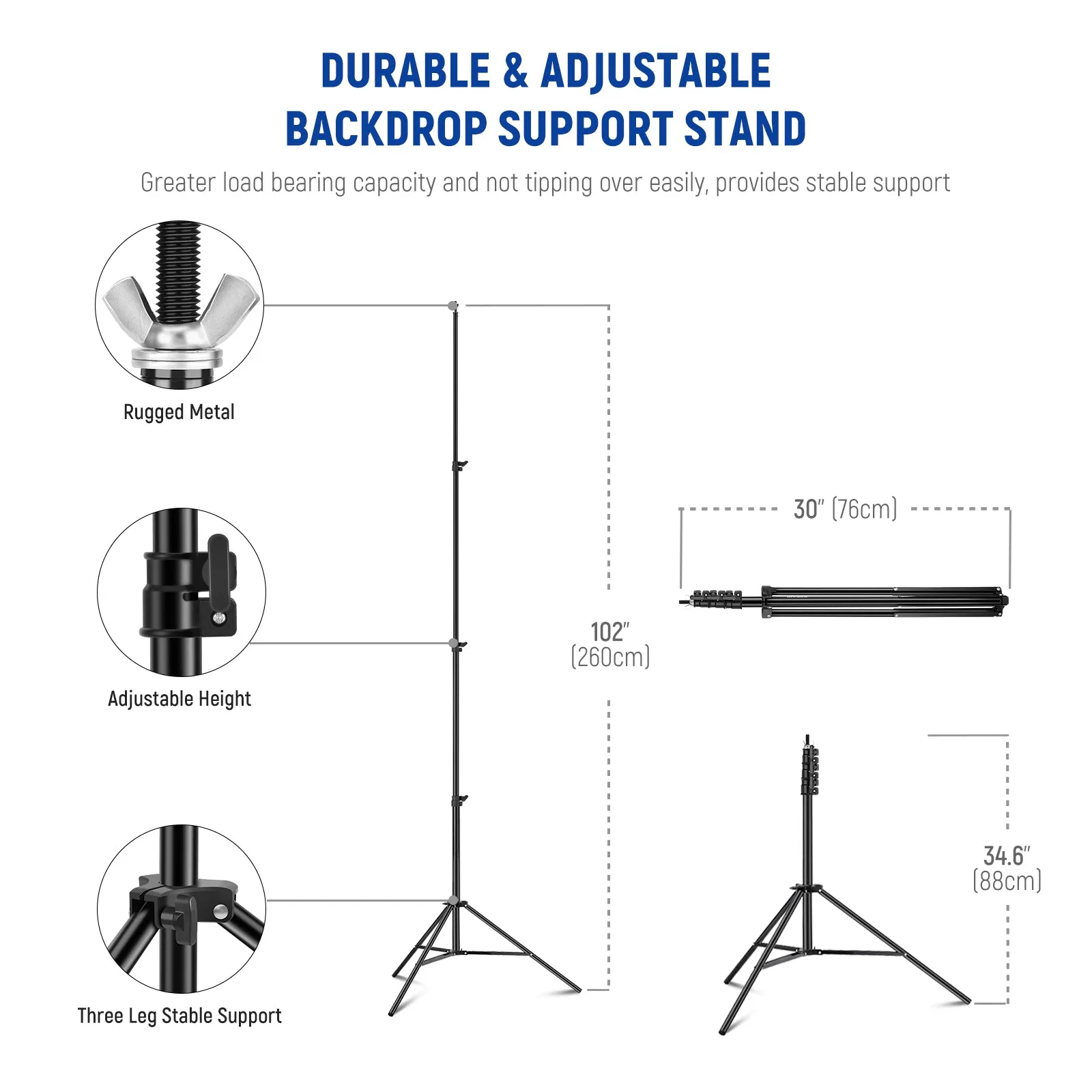 NEEWER 3x2.6m / 10x8.5ft Adjustable Backdrop Stand Kit with Clamps & Sandbags