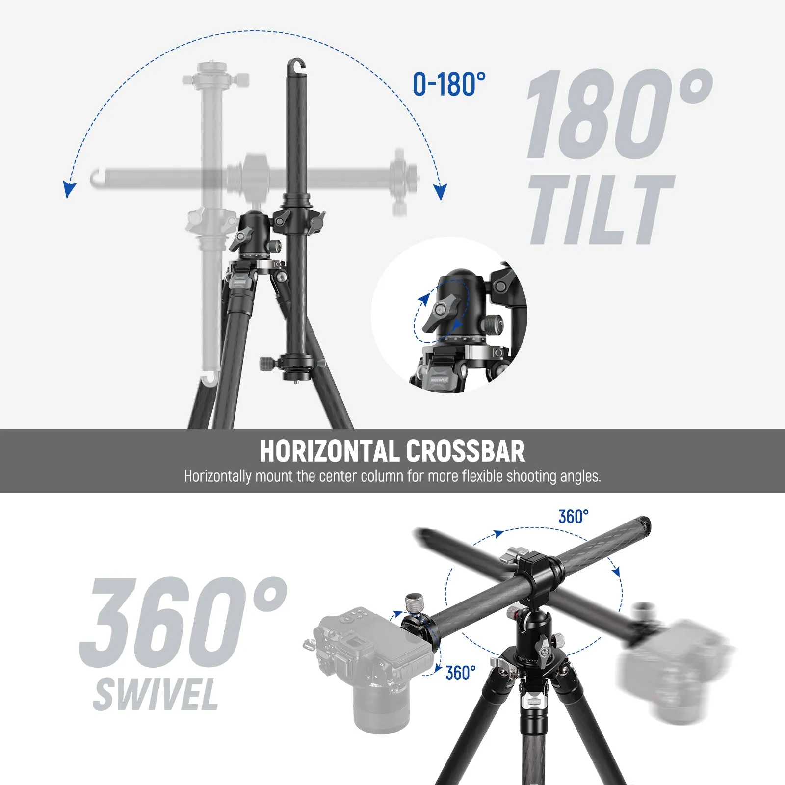 NEEWER TP28 69.7" Overhead Horizontal Carbon Fiber Tripod with Duall Panorama QR Plate