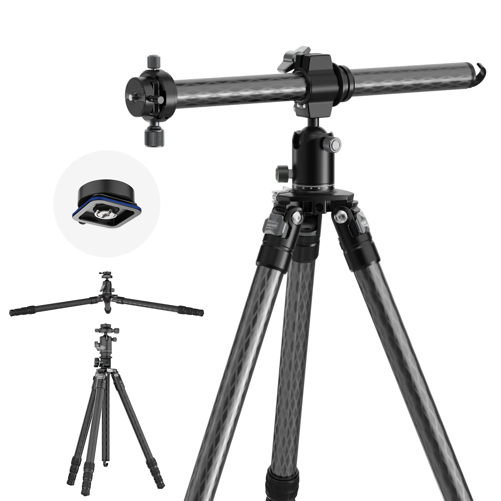 NEEWER TP28 69.7" Overhead Horizontal Carbon Fiber Tripod with Duall Panorama QR Plate