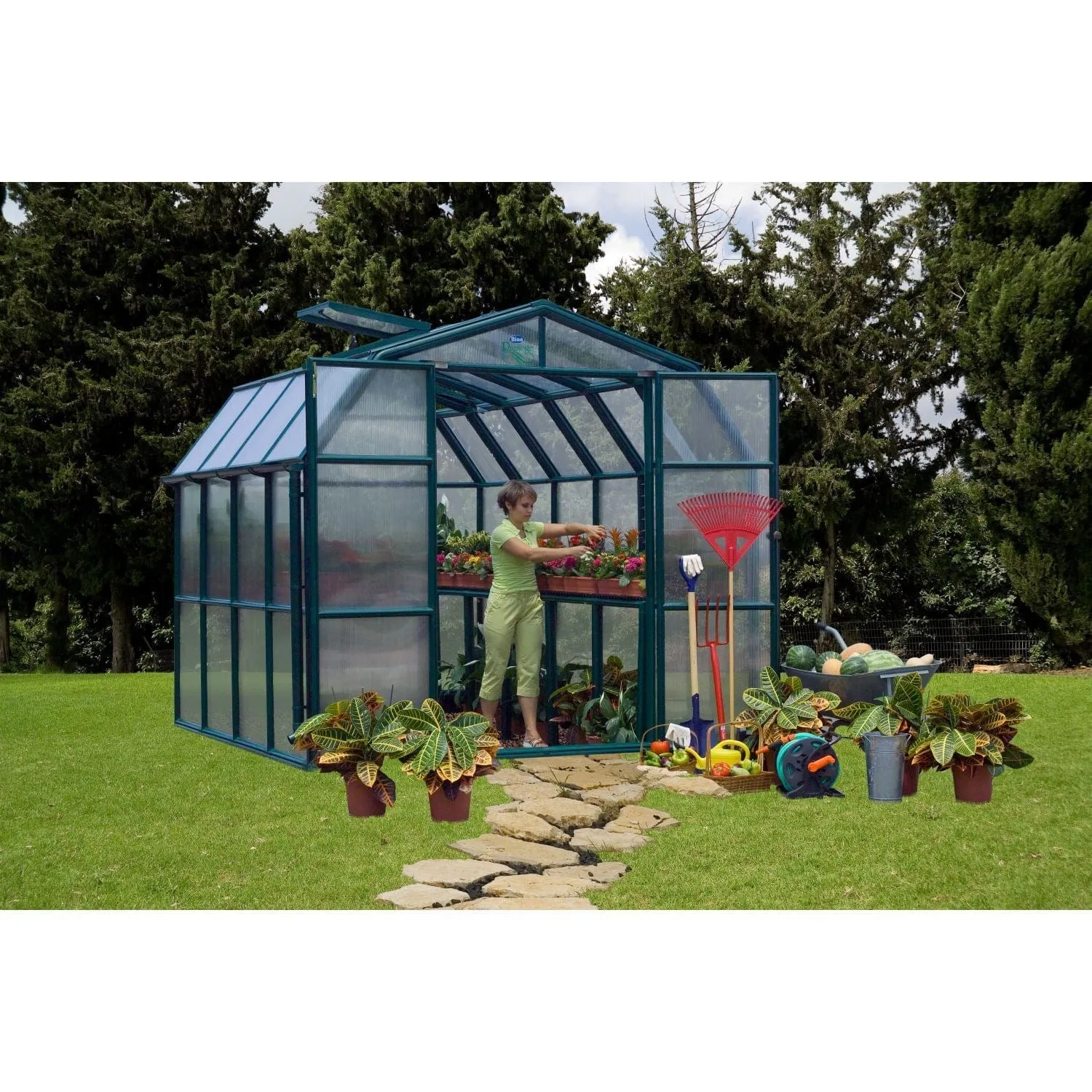 Palram - Canopia | 8x8 Ft Prestige Diffused Greenhouse Kit Package - Green With 6mm Twin-wall Polycarbonate Glazing