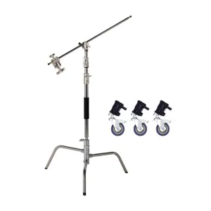 Spectrum Silver Heavy Duty Photographic C-Stand With Boom Arm With Castor Wheels Set - Bundle