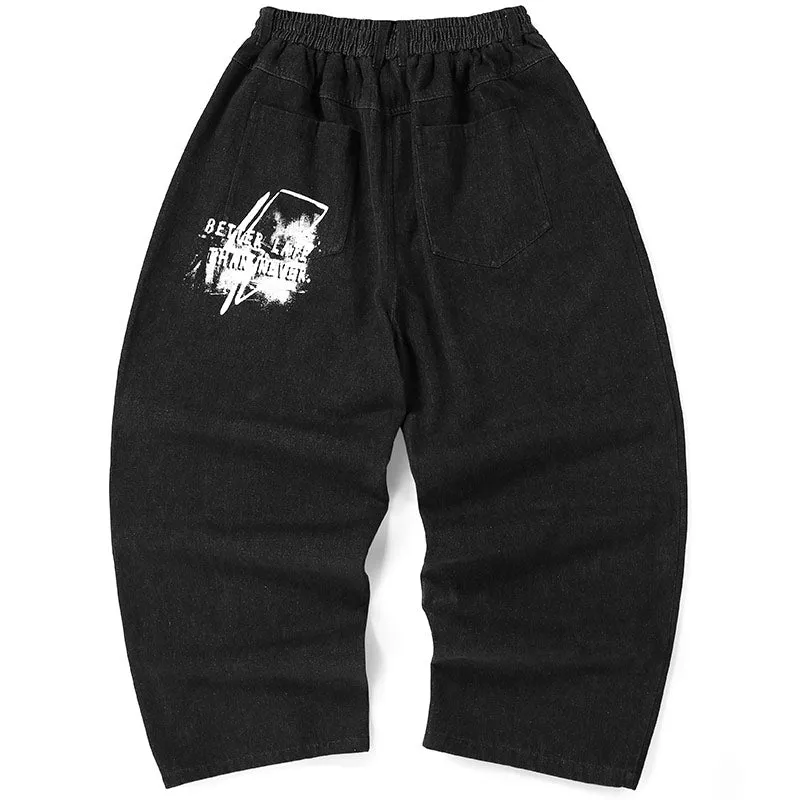 Street Hip-Hop Black Print Straight Jeans