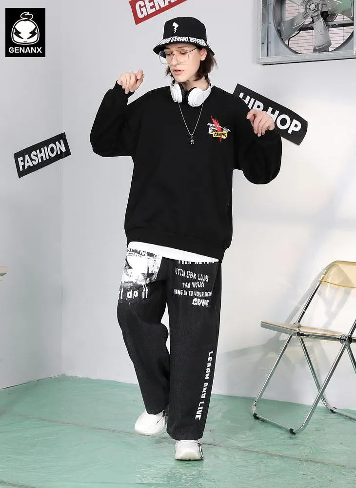 Street Hip-Hop Black Print Straight Jeans