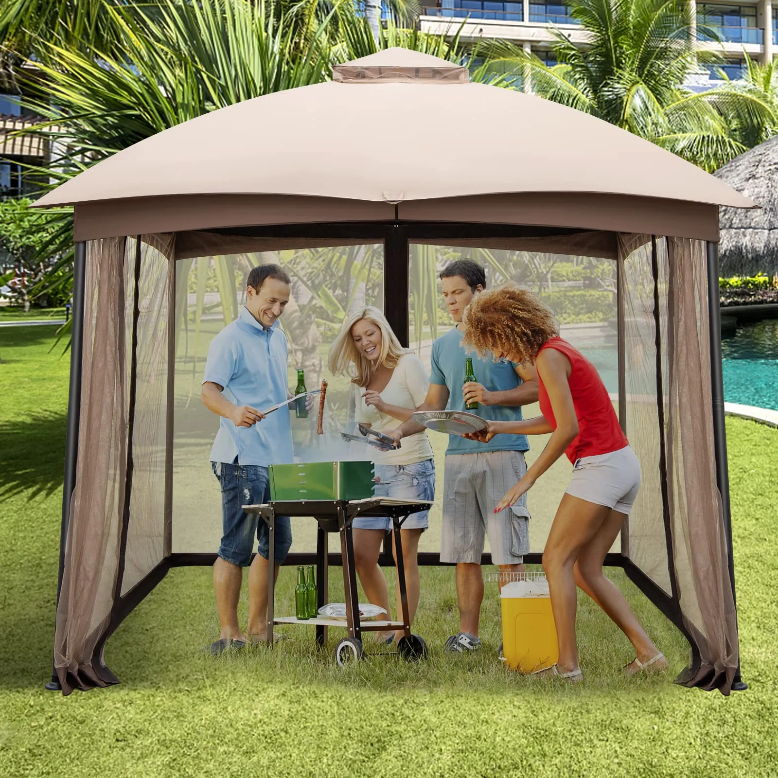 Tangkula 10 X 10 FT Patio Gazebo with Privacy Netting