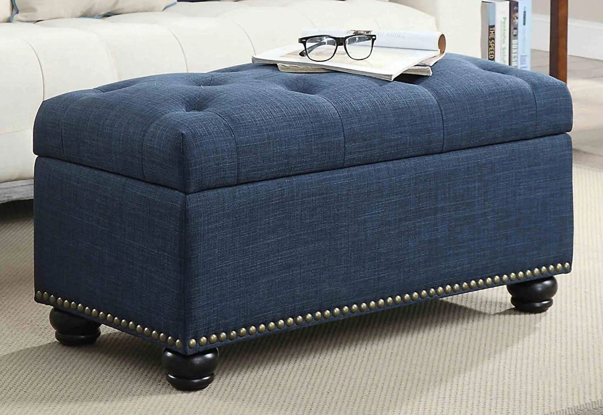 Tufted Rectangle Storage Ottoman Pouffes Footrest Stool with 4 Wooden Legs