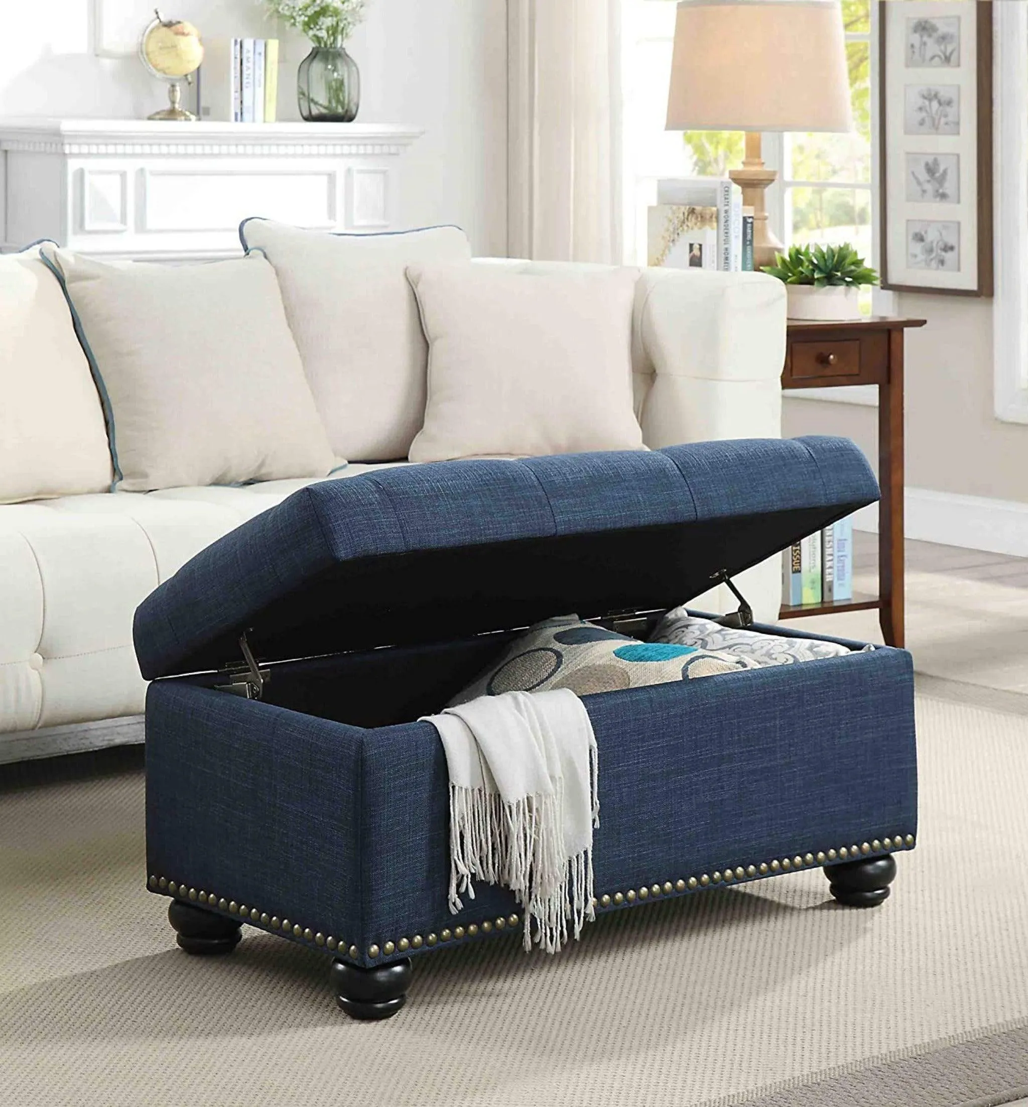 Tufted Rectangle Storage Ottoman Pouffes Footrest Stool with 4 Wooden Legs