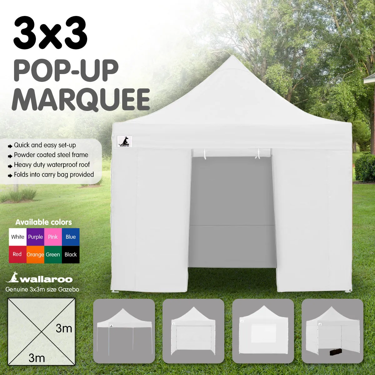 Wallaroo Gazebo Tent Marquee 3x3 PopUp Outdoor Wallaroo White